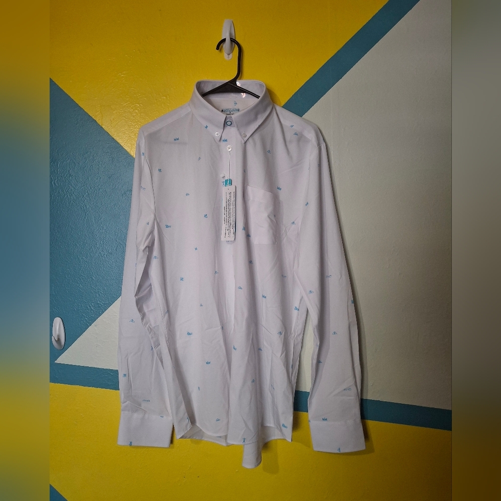 Men's White Dress Shirt with Blue Accents